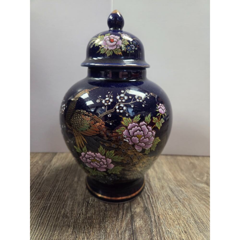 Vintage Japanese Ginger Jar Urn with Lid Cobalt Blue with Peacock & Floral scene